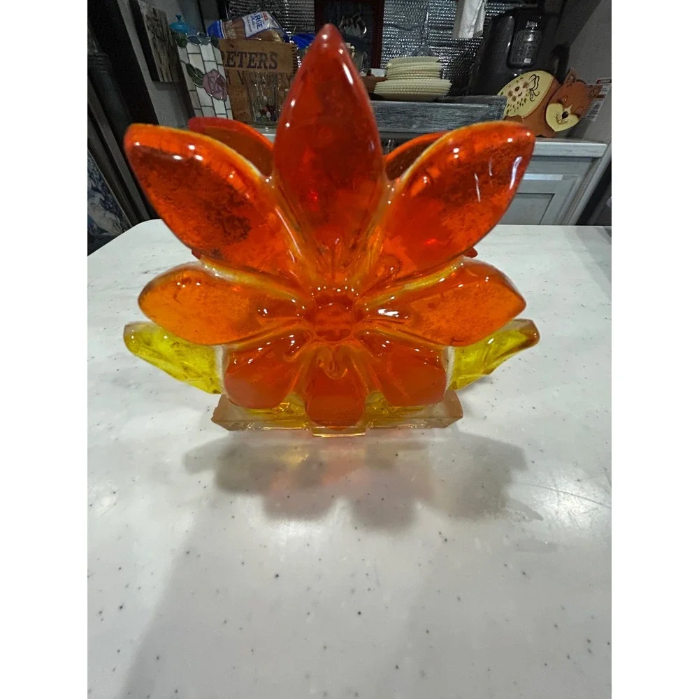 Vintage 1969 New Designs Inc Orange Resin Flower Napkin Letter Holder MCM USA